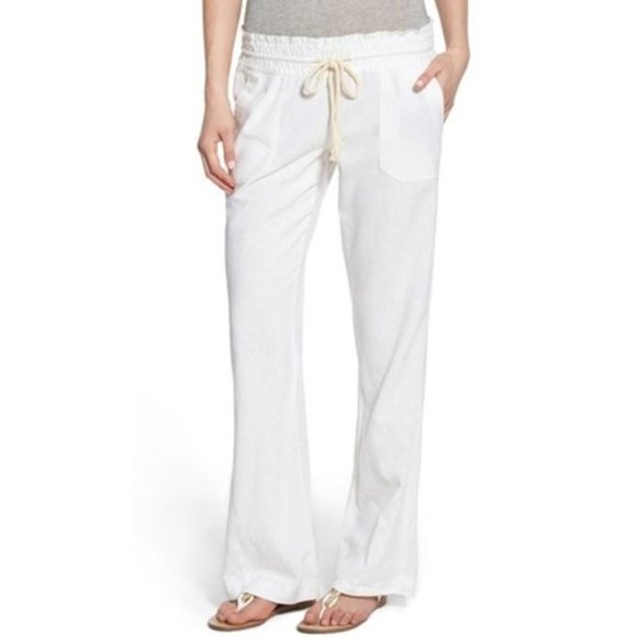 Roxy Pants - Roxy Oceanside Linen Blend White Flared Pants